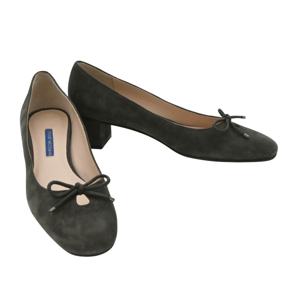Stuart Weitzman Gabby Bow Tie Slate Gray Suede Block Heel Pumps Size 9